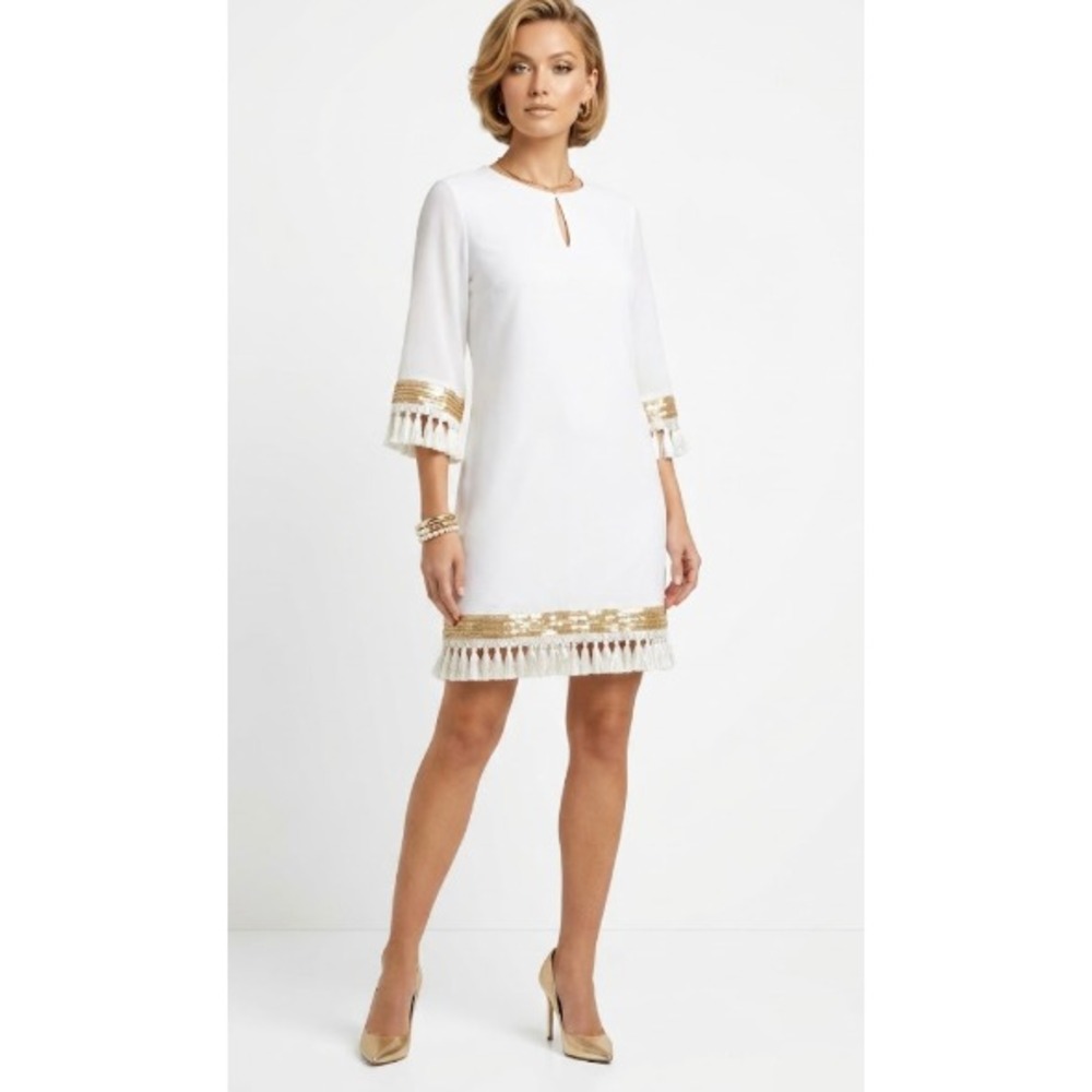 MESTIZA NEW YORK dress Medium White Gold Sequined Tassel Fringe Shift